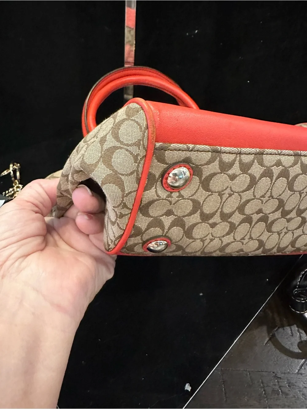 Coach Cadence Legacy Signature Carryall Canvas Tote with Coral Red Leather Trim - Picture 3 of 15